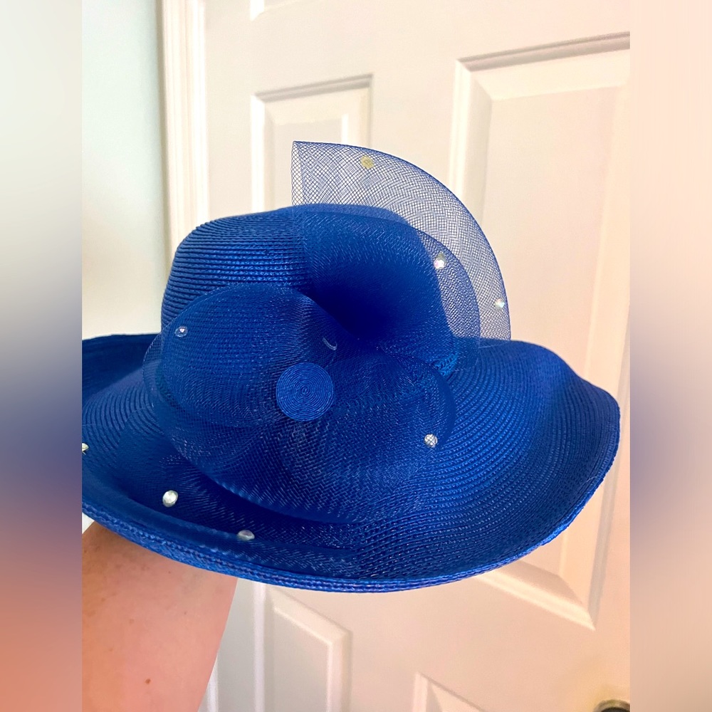 New ladies summer Easter straw tulle spring hat brilliant blue